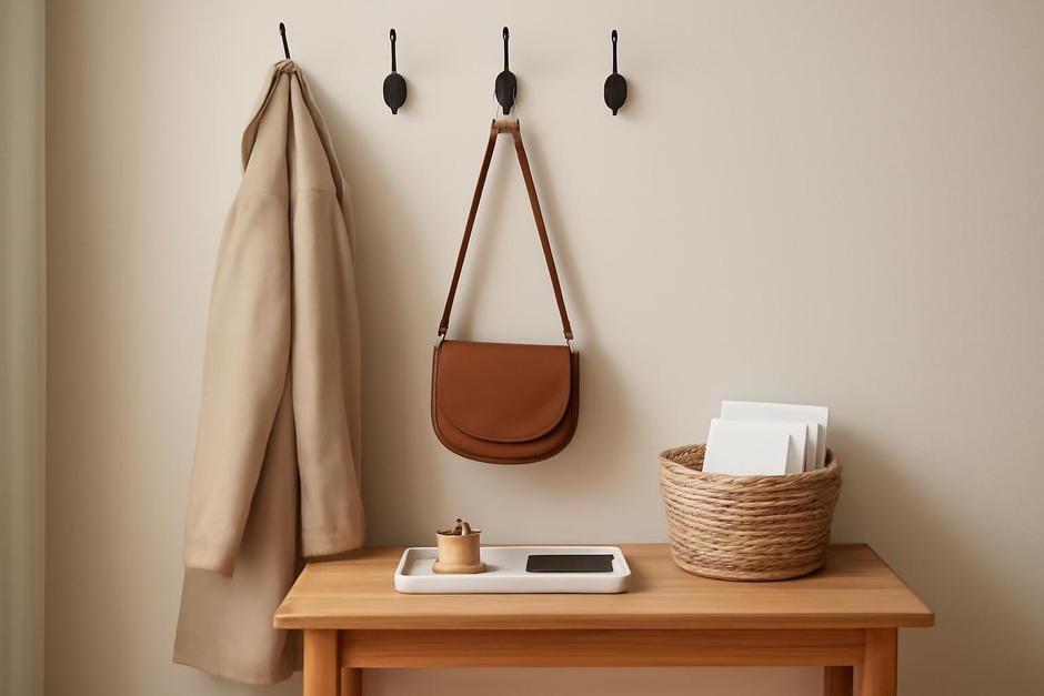 Simple entry table with hooks, tray, and a small basket